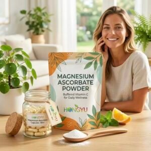 Premium Magnesium Ascorbate raw material from Yantai Hongyu Starry Biotech. Note: Image shows the final supplement application for our high-purity powder.