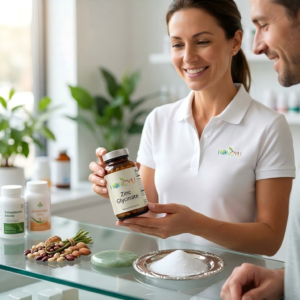 High-purity Zinc Glycinate white powder and finished capsules with HONGYU branding for immune support.