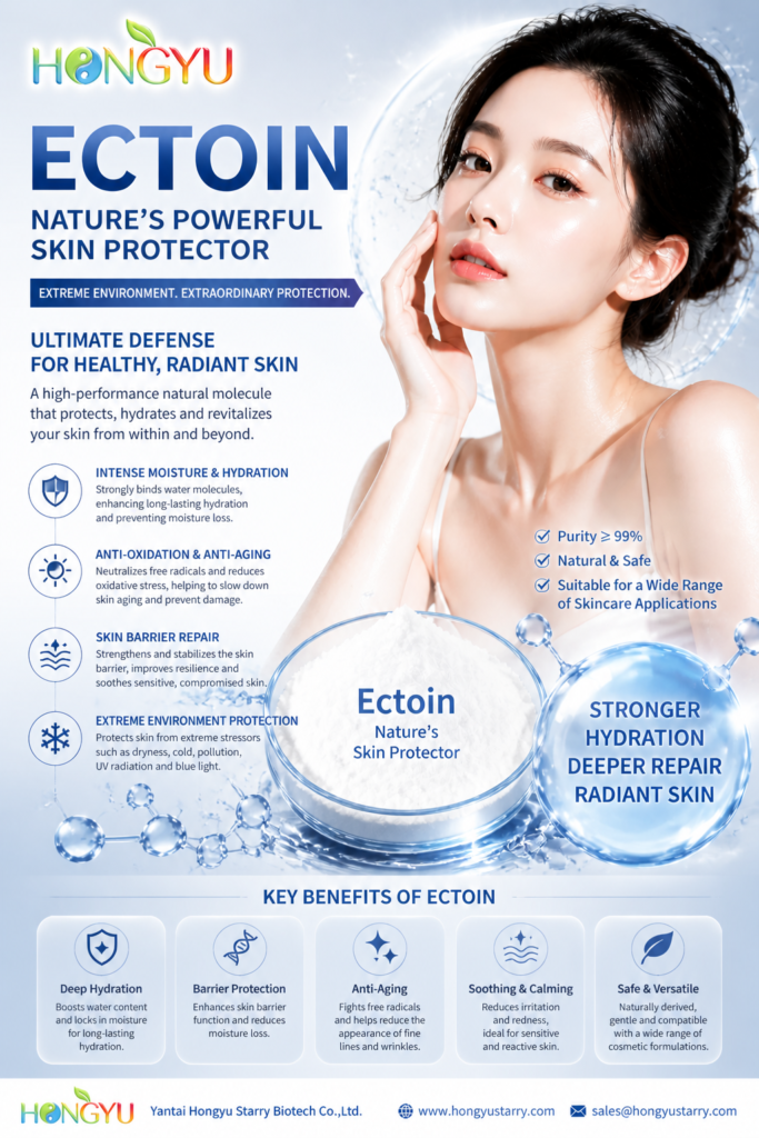 Ectoin skincare powder provided by yantai hongyu starry biotech co.,ltd. a natural molecule providing hydration, anti-aging, and environmental protection for skin