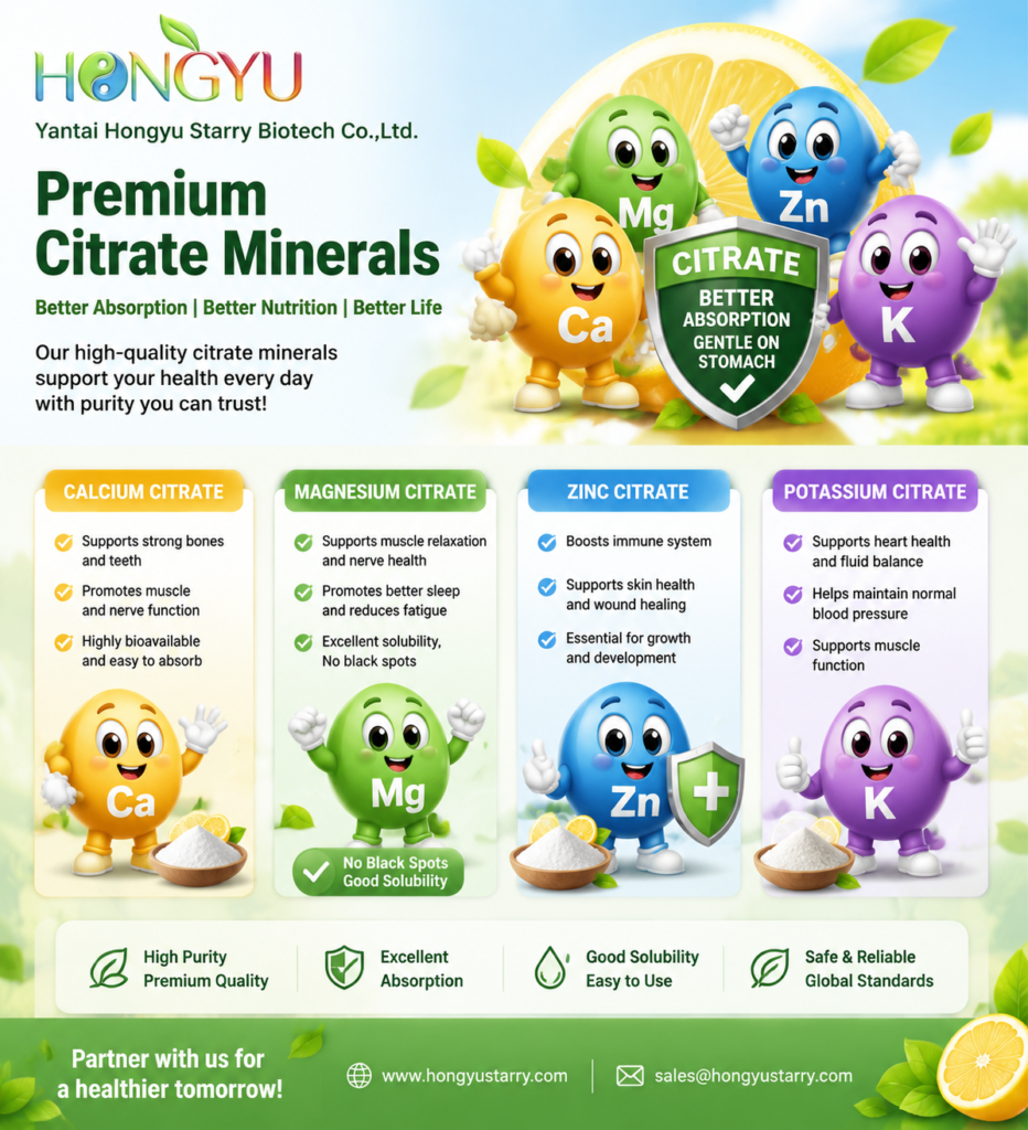 Premium bulk citrate mineral raw materials including Calcium Citrate, Magnesium Citrate, Zinc Citrate, and Potassium Citrate powder by Hongyu Starry.