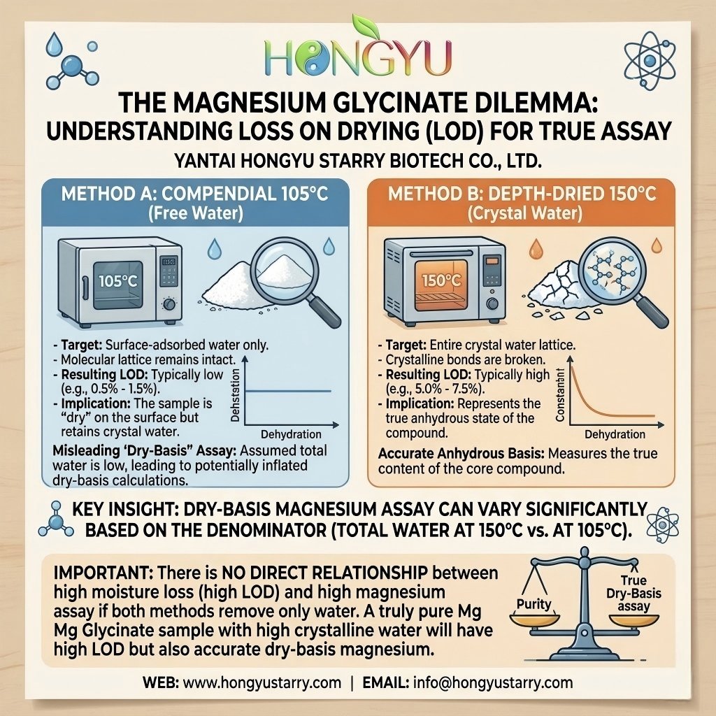 Magnesium Glycinate purity testing standard 105C vs 150C Loss on Drying LOD infographic